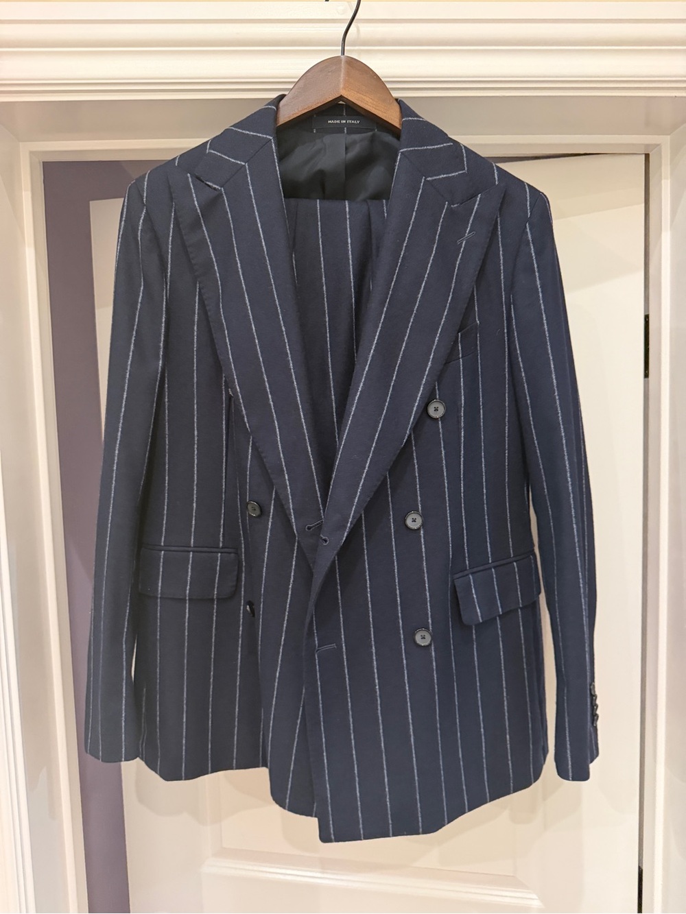 Tagliatore Double Breasted suit and Navy Pinstripe Dress Pants - White Stripe